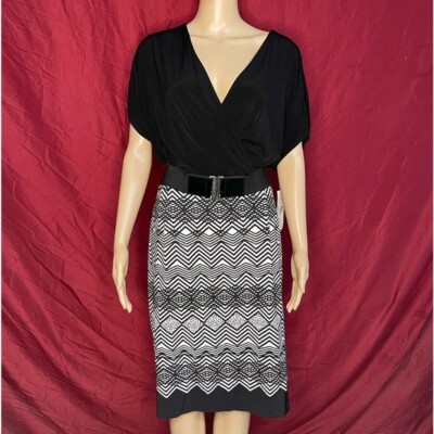 London Style Black and White Faux Wrap Belted Dress Size 16