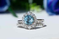 14K White Gold Finish Simulated Round Cut Aquamarine Engagement Bridal Rings Set