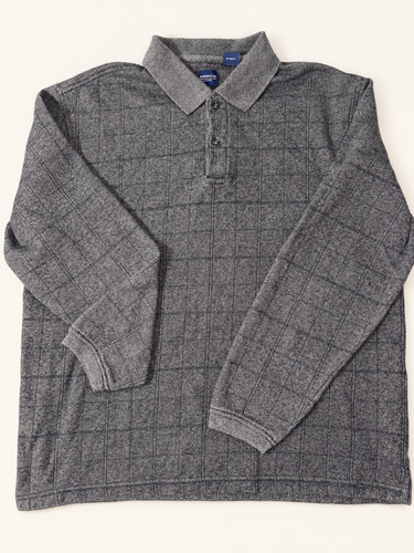 Arrow USA 1851 Men's Large Gray Plaid Long Sleeve Polo Shirt Cotton Blend