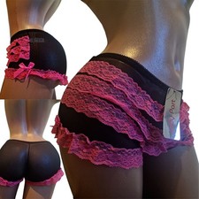 Lace Sheer Ruffle Knickers Black Pink UK 8 Frilly See Through Mesh Boy Shorts
