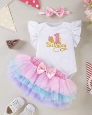 Girls 1st Birthday Dress Set White Pink Blue Bodysuit Tulle Skirt Headband 3pc