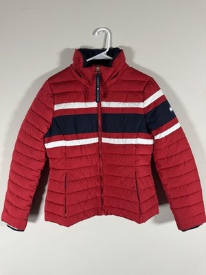 Tommy Hilfiger Women's Striped Logo Puffer Jacket Red Navy White Zip Size S