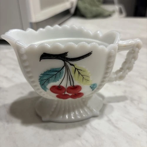 Vintage Milk Glass Creamer Painted Cherries Blueberries Grapes