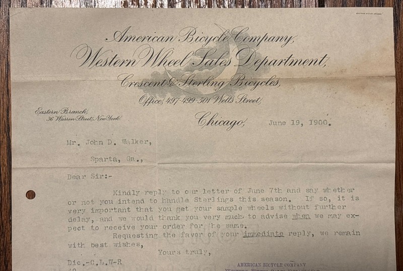 American Bicycle Company Western Wheel Sales Department 1900 Letterhead