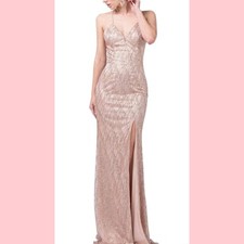Dancing Queen Long Sheath V Neck Prom Dress Spaghetti Strap Size L.