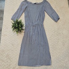 Ann Taylor Blue & White Striped Off-Shoulder Cinched Waist Midi-Dress, Size 2