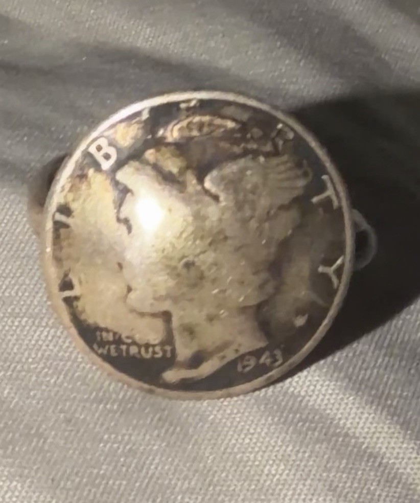 Vintage Old 1943 Mercury Dime Ring Sterling Silver US Coin Jewelry Band 7.5 ?