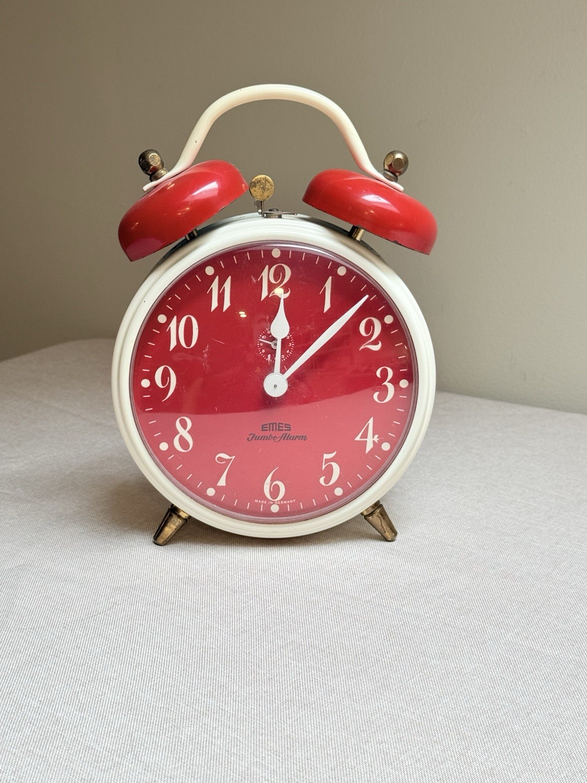 Vintage Emes Jumbo Twin Bell Alarm Clock Red Germany Working Mechanical