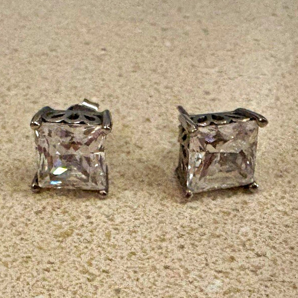 Square Clear Crystal Stud Earrings Silver Tone Metal Butterfly Back Closure