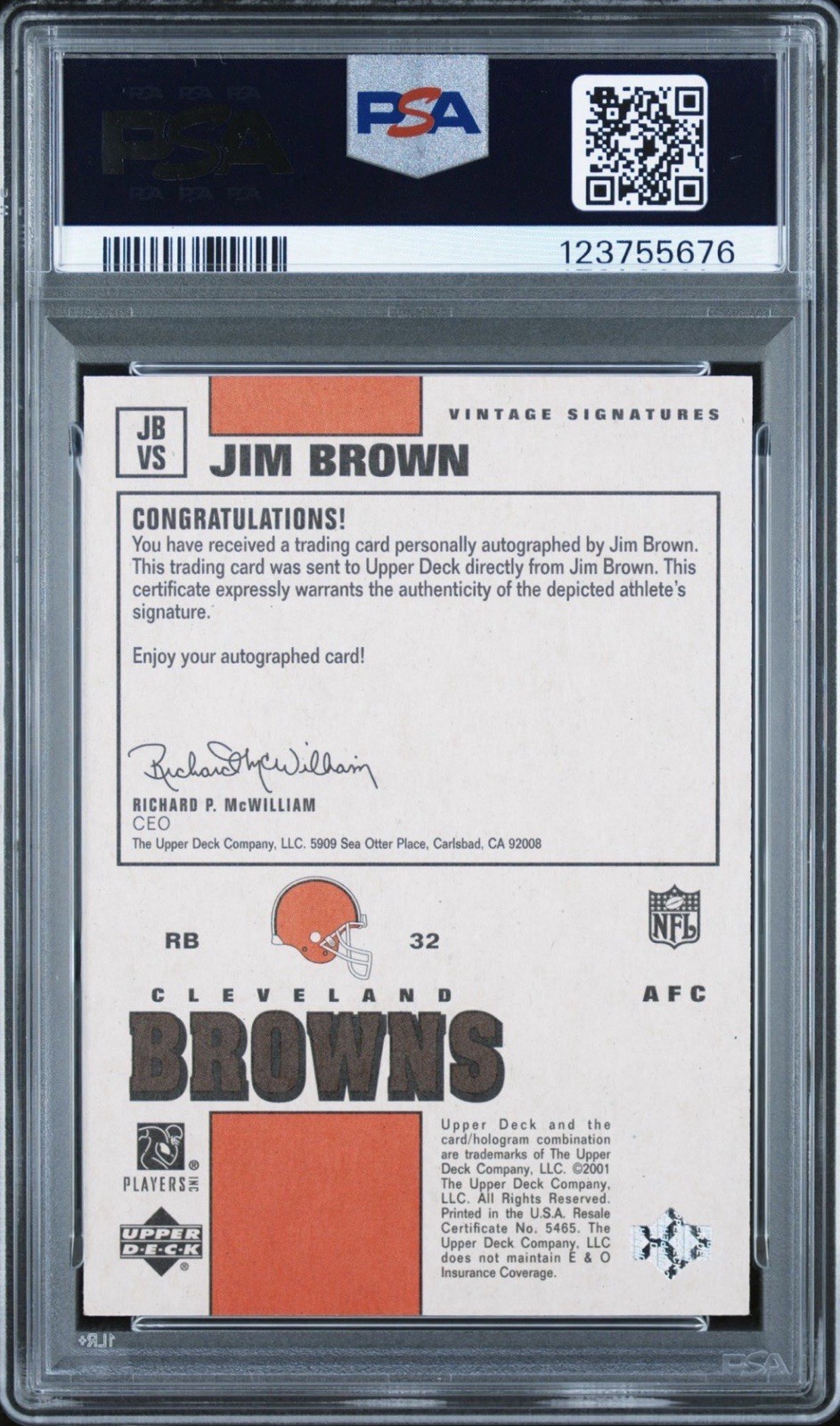 Jim Brown PSA 8 AUTO 10 🔥 2001 UPPER DECK Vintage SIGNATURES On-Card Autograph view 2