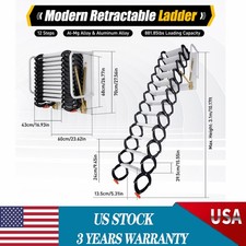 12 Steps Wall Mounted Folding Ladder Loft Stairs White Attic Steps Pull Down US