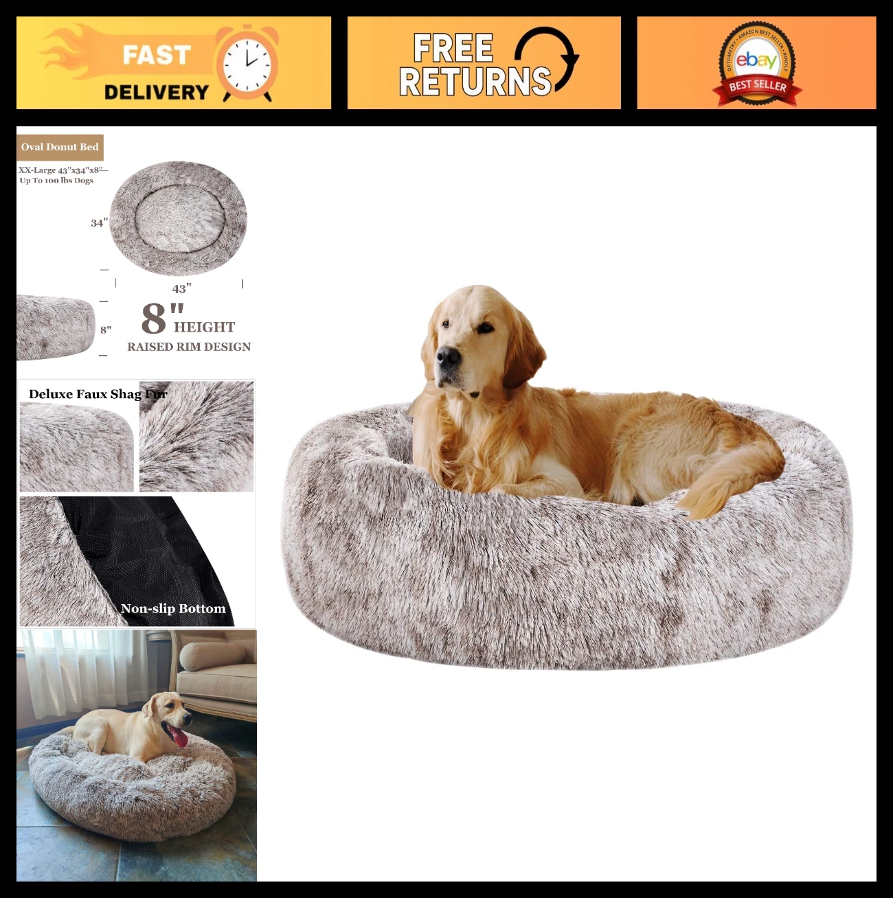 Calming Donut Dog Bed - Washable Shag Faux Fur Round Pillow for Small Medium Pet