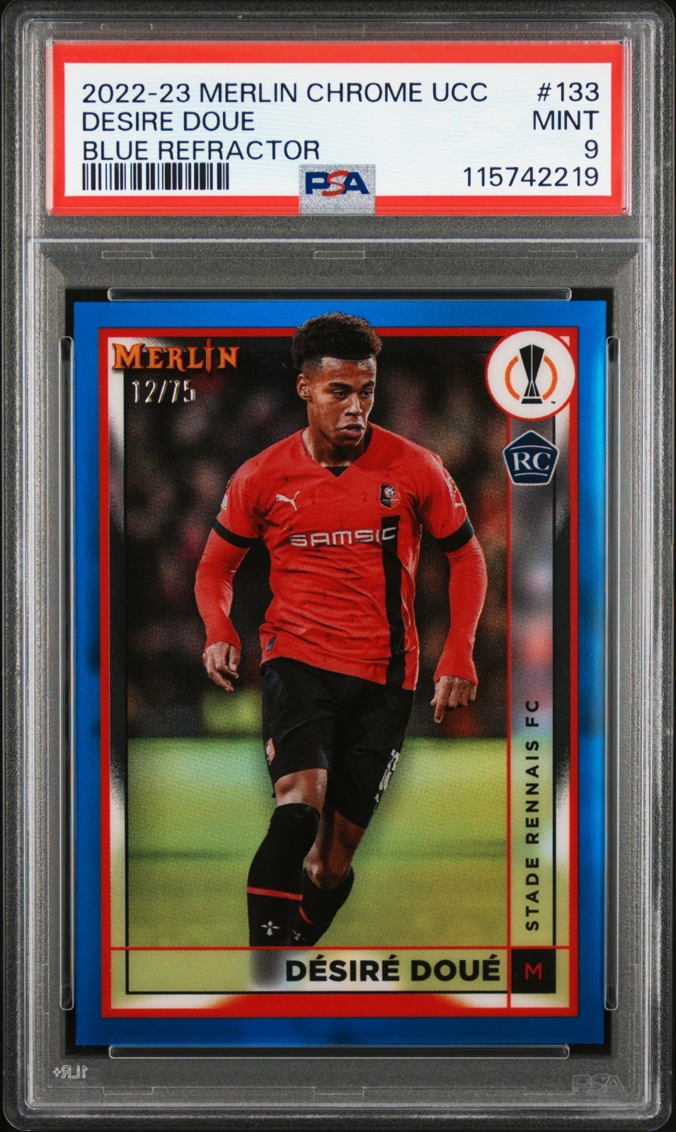2022-23 Topps Merlin Chrome UCC #133 Desire Doue Blue Refractor /75 RC PSA 9