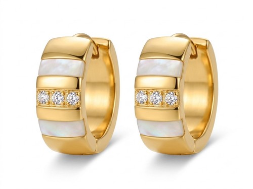 Gold Plated Huggie Hoop Earrings Mother of Pearl Inlay Cubic Zirconia UK Stock