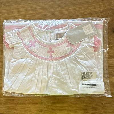 Lil Cactus Girls Smocked Bishop Dress 3T White/Pink Embroidered Cross Cotton