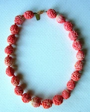 Vintage Kenneth Jay Lane KJL 1970's Asian Style Hand Carved Faux Coral Necklace