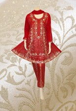 E26 Pakistani Indian Heavy Party Wear Luxury Chiffon Dress In Red 3 PC