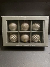 6 Tinsel and Fir Kugel Glass Christmas Ornaments. 2.5" Dazzle Rose Gold Silver