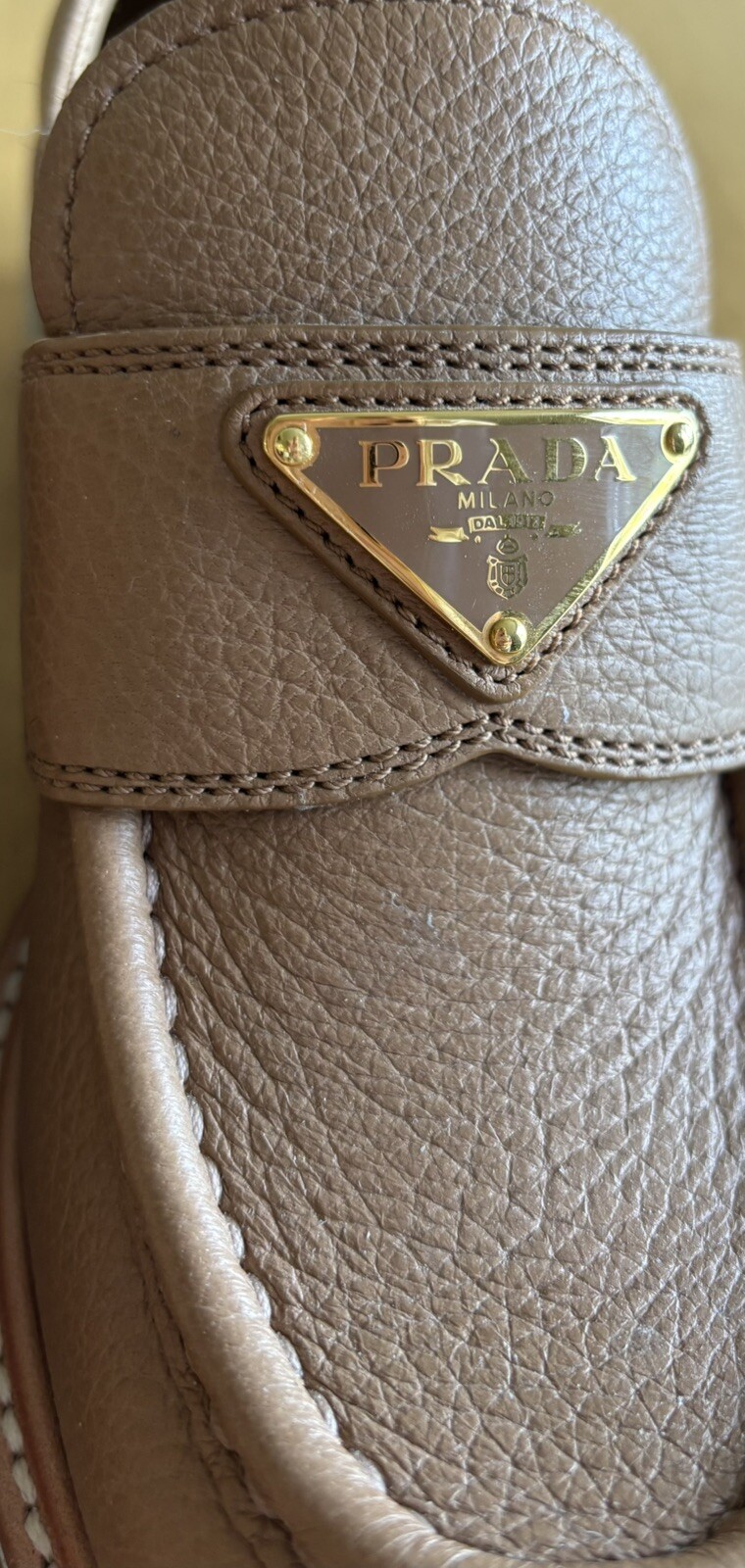 PRADA Triangular Logo Tan Leather Mod Toe  Loafer… - image 6