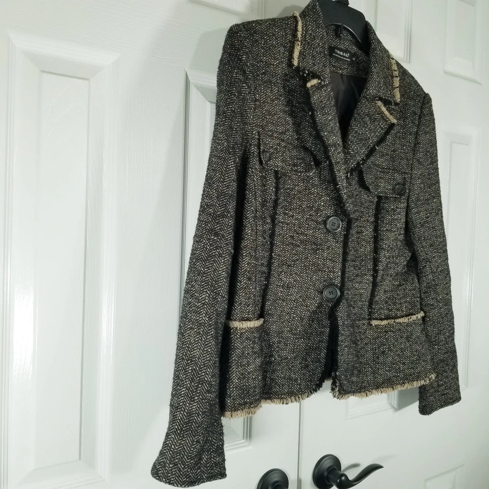 Blazer feminino marca tribal tweed marrom mistura de lã tamanho 12 fabricado na Bulgária - Imagem 3 de 4