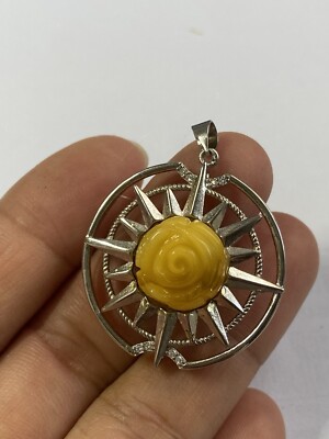 Beautiful Beeswax Rose Flower PANDENT With 925 silver Yellow Reiki China