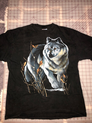 VTG 1993 Wolf Harlequin shirt Sz L 90s Single Stitch  Beefy Tag Lightning Wolf ^