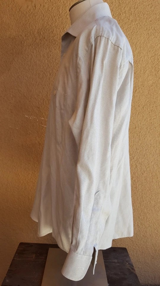 Camisa YVES SAINT LAURENT Beige Micro Tonal Rayas Mezcla de Algodón LS Botón Frente L Foto 3 de 4