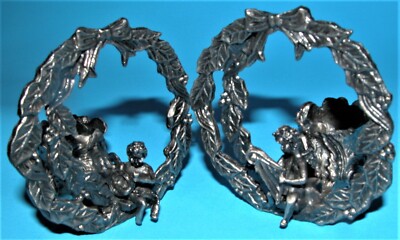 Pewter candle holder set of 2. Angels or pixies w musical instruments, New,