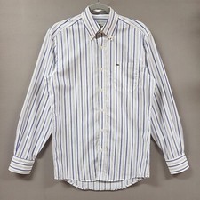 Lacoste Button Down Shirt Men's size 38 Small White Blue Striped Cotton Pocket