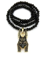 Egyptian God Two Tone Anubis Pendant 6mm 30" Wooden Bead Necklace RC2212G-WBK