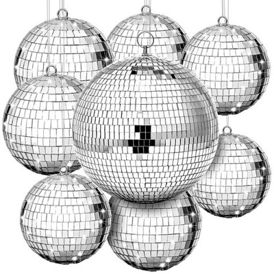 Large Silver Mirror Disco Ball Decoration Kit 8 Pcs Hanging Reflective Disco