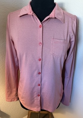 prAna Women's Pink/White Striped Button-Front Collared Shirt Stretch L