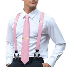 Men's Suspenders and Tie Set Silk Adjustable Elastic Y Braces with A Pink