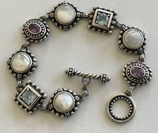 QVC Sterling Silver Mother Of Pearl Blue Topaz Amethyst Bracelet 7.75” Thailand