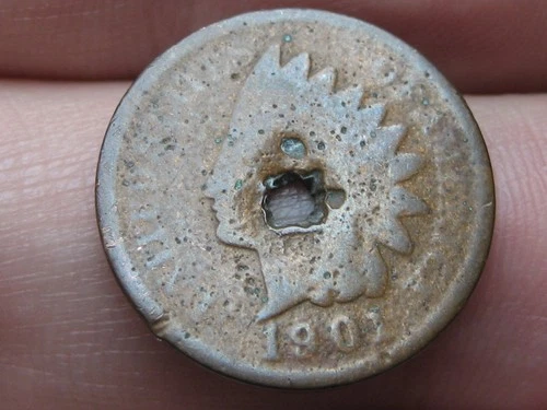 1901 Indian Head Cent Penny- Good Details, Square Nail Holed Through Center