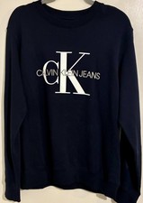 Image of CALVIN KLEIN JEANS Classic Logo Crew Sweatshirt - Navy Blue - Large - NEW Auth