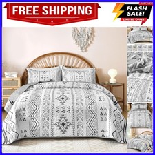 Boho Queen Size Aztec Quilt Set 3 Pieces Grey Ultra Soft Lightweight Quilt Be...