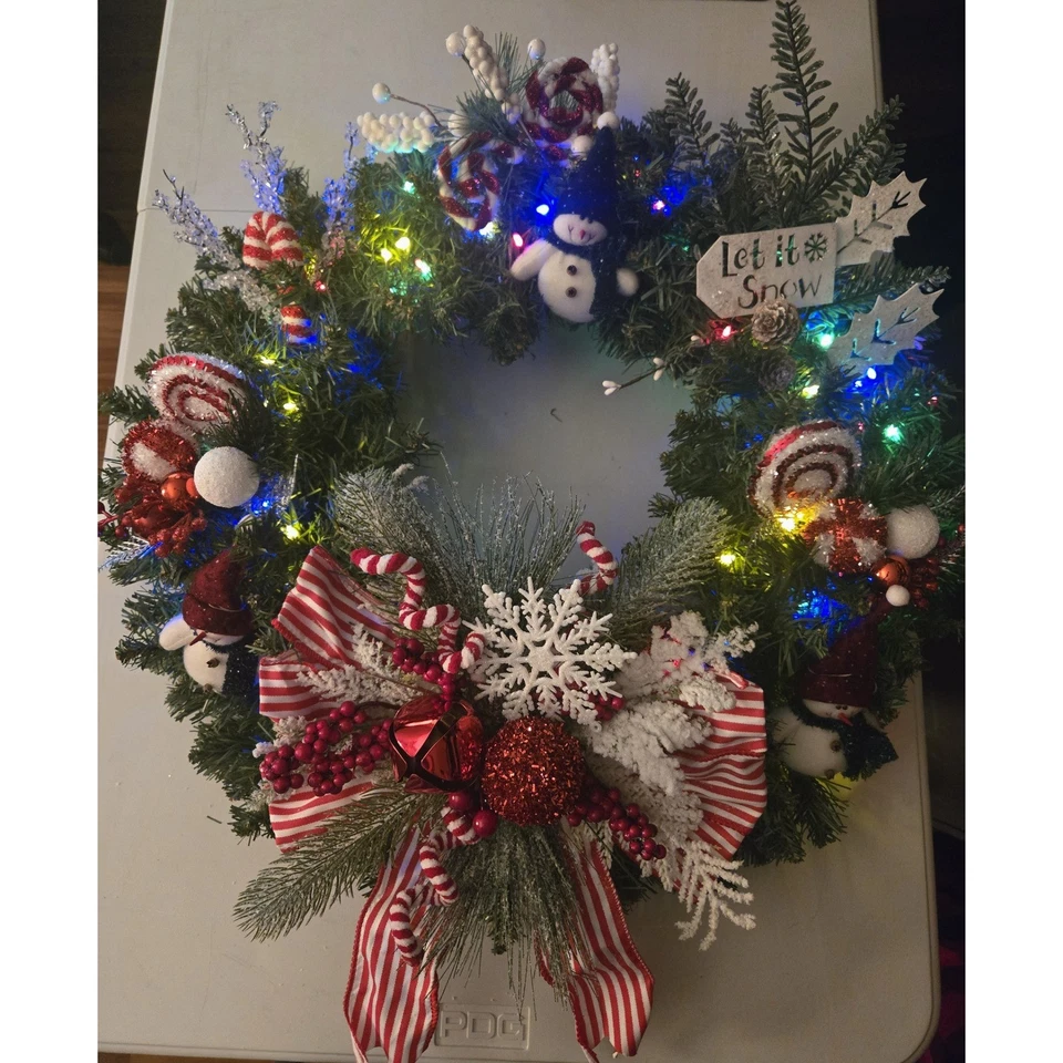 Christmas Wreath Snowman Candy Cane Snowflake Berry Holiday Decor Lighted - Image 3 of 4