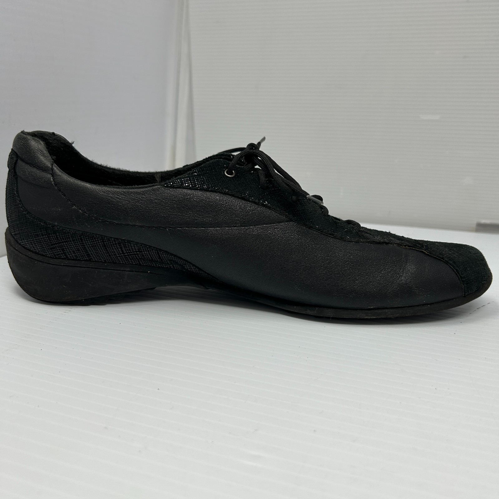 Munro Sydney Shoes Womens 10 Casual Black Leather Crosshatch Lace Up Sneakers