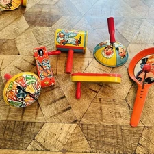 Tin Noise Makers Lot of 6 Clown Party Dancing Bell USA Made Vintage Excellent!
