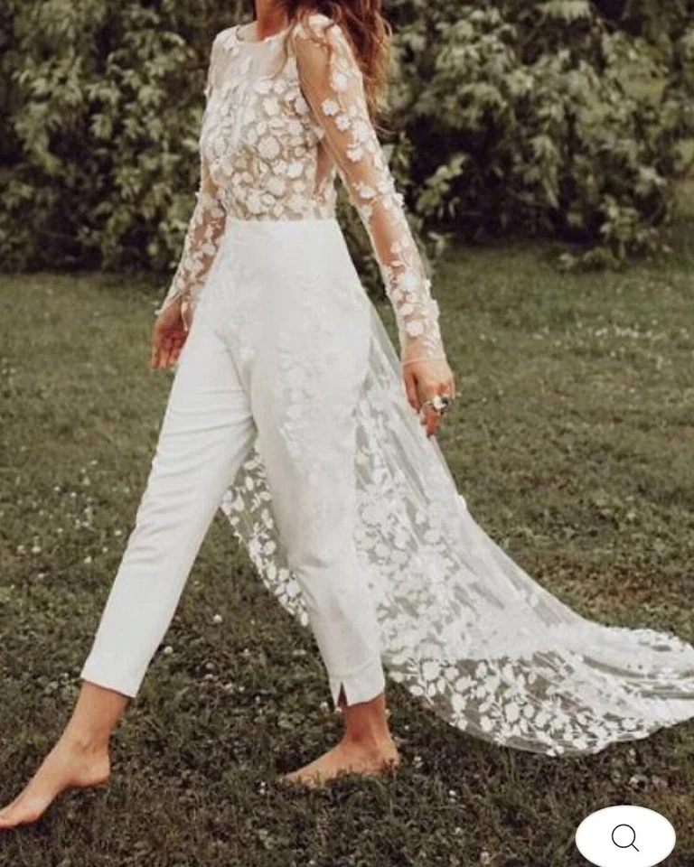 Milanoo Hochzeit Jumpsuit Overall Gr. 34 36 Neu Hochzeitskleid Schleppe Spitze - Bild 2 von 4