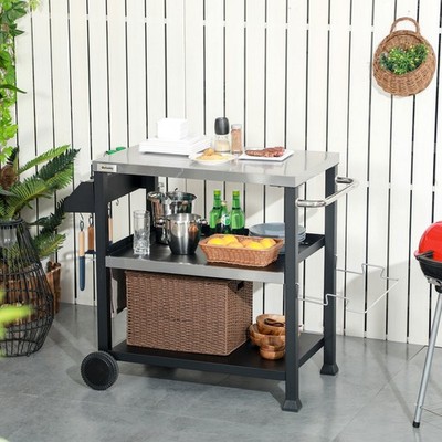 Movable Stainless Steel 3-Shelf Outdoor Grill Cart w/ Side Handle