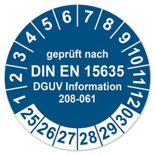 Pr&uuml;fplaketten Gepr&uuml;ft nach DIN EN 15635, DGUV Information 208-061, LTA006 Blau