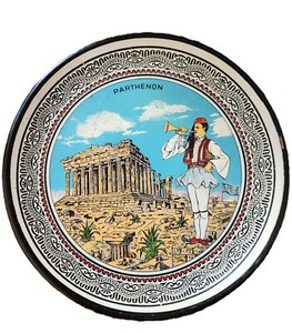 Vintage Ceramic Plate with Parthenon and Tsolias, Greek Hand-made Souvenir 9"