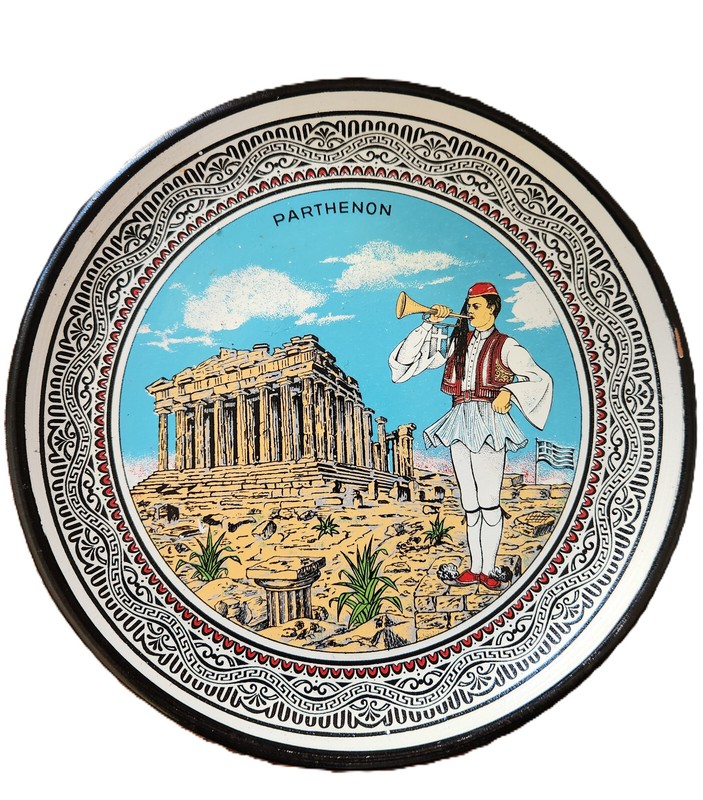 Vintage Ceramic Plate with Parthenon and Tsolias, Greek Hand-made Souvenir 9"