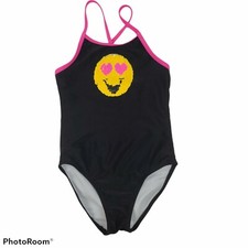 NWOT Emojination Girls One Piece Swimsuit Sequin Emoji XS Black Yellow
