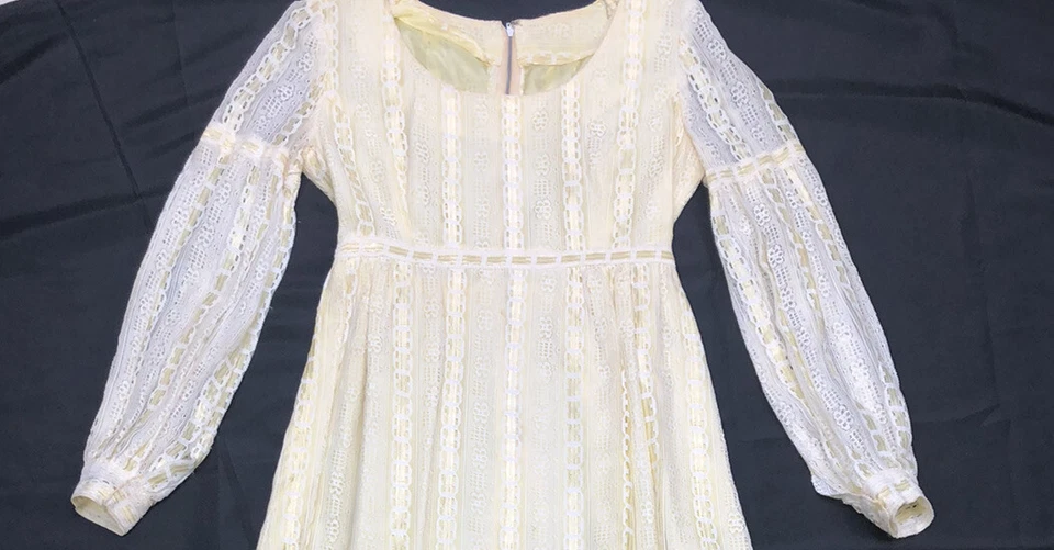 VESTIDO MAXI VINTAGE DE ENCAJE HIPPIE MOD BOHO Amarillo Blanco años 60’s 70s Foto 3 de 4