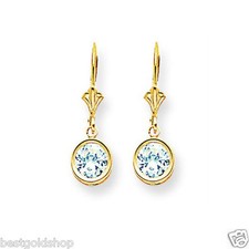 6mm Bezel Clear CZ Dangle Earrings w/ Lever Back Real Solid 14K Yellow Gold