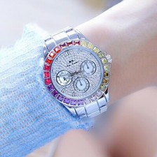 Rainbow Crystal Bezel Women Watch Silver Tone Colored Gems Women's Wrist Watch