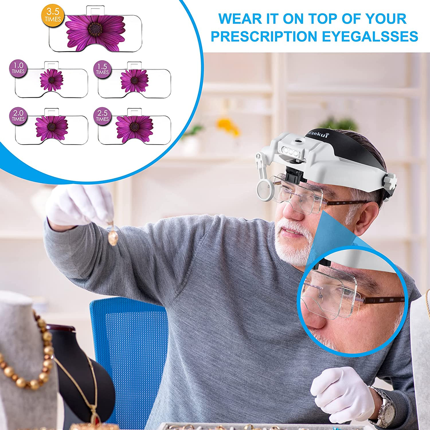 Headband Magnifying Glass with Light, Rechargeable Head Magnifying Glasses 